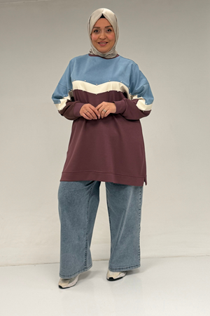 58084 Büyük Beden Parçalı Taş Detaylı Modal Tunik - Gül Kurusu