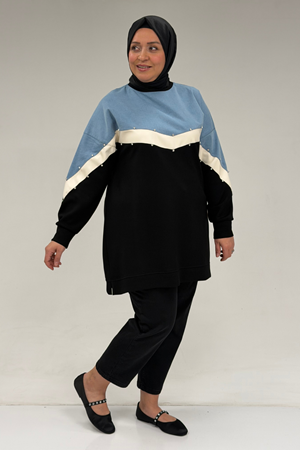 58084 Büyük Beden Parçalı Taş Detaylı Modal Tunik - Siyah