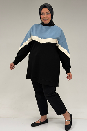 58084 Büyük Beden Parçalı Taş Detaylı Modal Tunik - Siyah