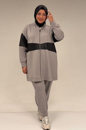 47098 Büyük Beden Waterport Garnili Modal Pantolonlu Takım - Gri