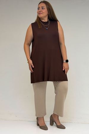 58501 Büyük Beden Hakim Yakalı Penye İçlik - Kahve