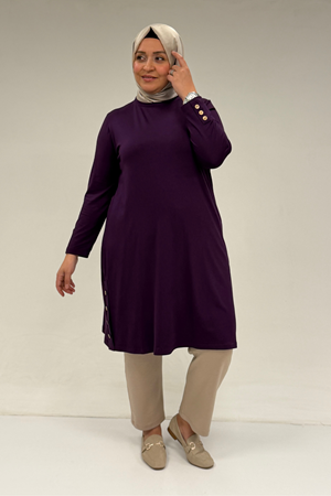 38015  Büyük Beden Düğme Detaylı Penye Tunik -Mor