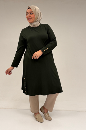 38015  Büyük Beden Düğme Detaylı Penye Tunik - Haki