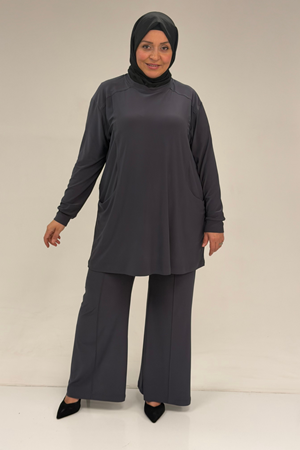 67031 Büyük Beden Yanları Cep Detaylı Pantolonlu Sandy Takım - Antrasit