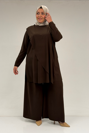 67004 Büyük Beden Önü Ve Arkası Pelerin Detaylı Sandy Pantolonlu Takım - Kahve