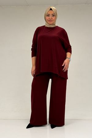 67033 Büyük Beden  Etek Ucu Parçalı Sandy Pantolonlu Takım - Bordo