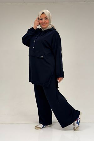 47089 Büyük Beden Yarım Patlı Kapşonlu Pantolonlu Modal Takım - Lacivert