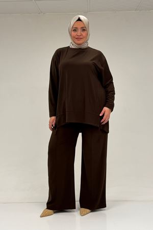 67033 Büyük Beden  Etek Ucu Parçalı Sandy Pantolonlu Takım - Kahve