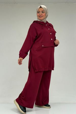 47089 Büyük Beden Yarım Patlı Kapşonlu Pantolonlu Modal Takım - Bordo