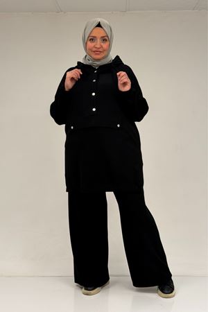 47089 Büyük Beden Yarım Patlı Kapşonlu Pantolonlu Modal Takım - Siyah