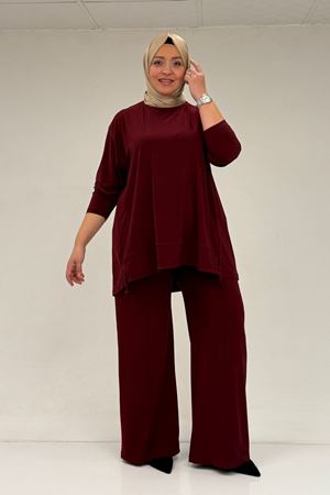 67033 Büyük Beden  Etek Ucu Parçalı Sandy Pantolonlu Takım - Bordo