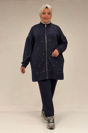 47070 Büyük Beden Önü Taş Detaylı Modal Pantolonlu Takım - Lacivert