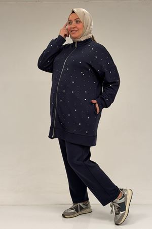 47070 Büyük Beden Önü Taş Detaylı Modal Pantolonlu Takım - Lacivert