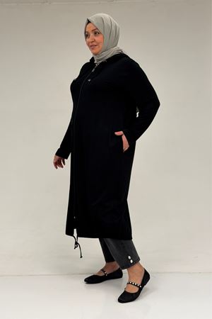 33008 Büyük Beden Fermuarlı Penye Kap - Siyah