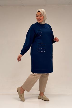 48089 Büyük Beden Beyoğlu Taşlı Modal Tunik - İndigo