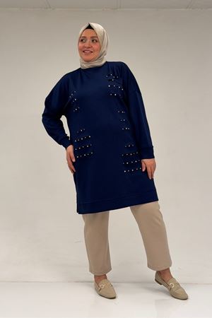 48089 Büyük Beden Beyoğlu Taşlı Modal Tunik - Koyu İndigo