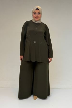 67030 Büyük Beden Yanı Yırtmaçlı Sandy Pantolonlu Takım - Haki