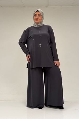 67030 Büyük Beden Yanı Yırtmaçlı Sandy Pantolonlu Takım - Antrasit