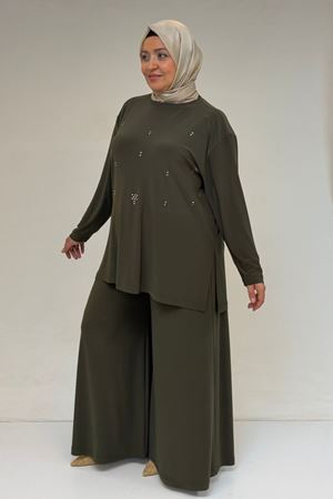 67030 Büyük Beden Yanı Yırtmaçlı Sandy Pantolonlu Takım - Haki