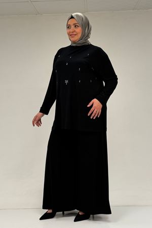 67030 Büyük Beden Yanı Yırtmaçlı Sandy Pantolonlu Takım - Siyah