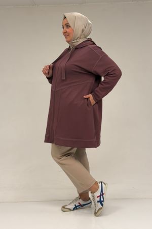 53075 Büyük Beden Dikiş Detaylı Fermuarlı Modal Ceket - Gül Kurusu