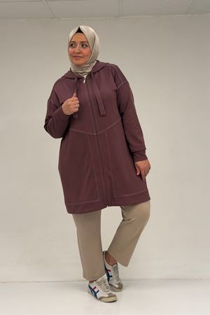 53075 Büyük Beden Dikiş Detaylı Fermuarlı Modal Ceket - Gül Kurusu