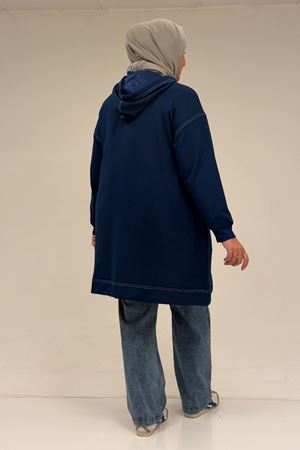 53075 Büyük Beden Dikiş Detaylı Fermuarlı Modal Ceket - İndigo