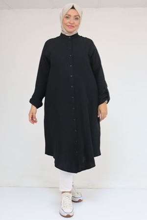 68013 Büyük Beden Tek Düğme Detaylı Müslin Gömlek - Siyah