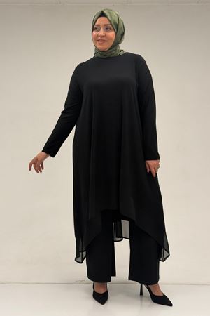 37017 Büyük Beden Sandy-Şifon Pantolonlu Takım - Siyah