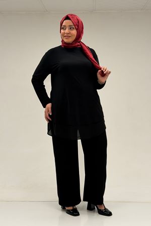 67009 Büyük Beden Etek Ucu Şifon Detaylı Sandy Pantolonlu Takım - Siyah