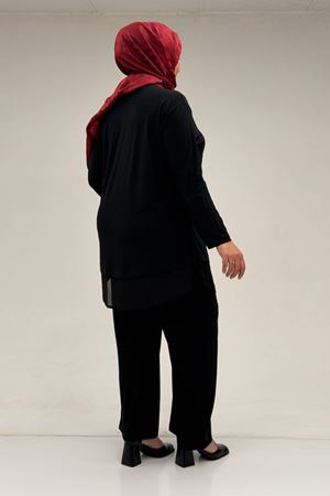 67009 Büyük Beden Etek Ucu Şifon Detaylı Sandy Pantolonlu Takım - Siyah