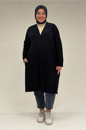 63005 Büyük Beden Kaplama Düğme Detaylı Penye Ceket - Lacivert