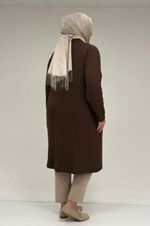 63005 Büyük Beden Kaplama Düğme Detaylı Penye Ceket - Kahve