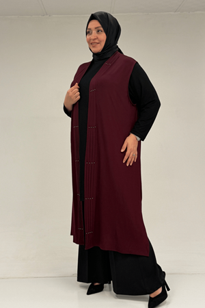 54005 Büyük Beden Patı Pileli Giy Çık Yelek - Bordo