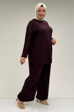 67001 Büyük Beden Kol Manşeti Duble Model Sandy Pantolonlu Takım - Mürdüm