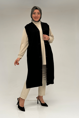 54005 Büyük Beden Patı Pileli Giy Çık Yelek - Siyah