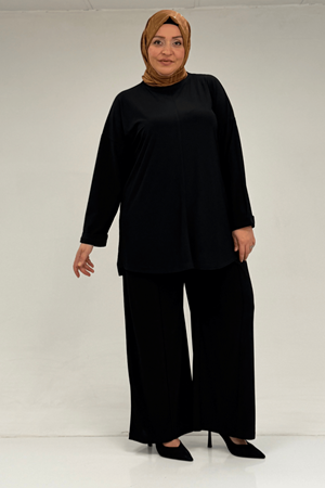 67001 Büyük Beden Kol Manşeti Duble Model Sandy Pantolonlu Takım - Siyah