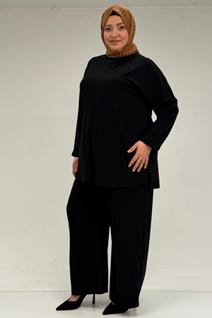 67001 Büyük Beden Kol Manşeti Duble Model Sandy Pantolonlu Takım - Siyah