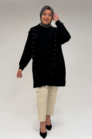 58074 Büyük Beden Fırfır Ve Taş Detaylı Penye Tunik - Siyah