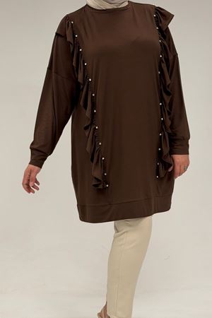 58074 Büyük Beden Fırfır Ve Taş Detaylı Penye Tunik - Kahve