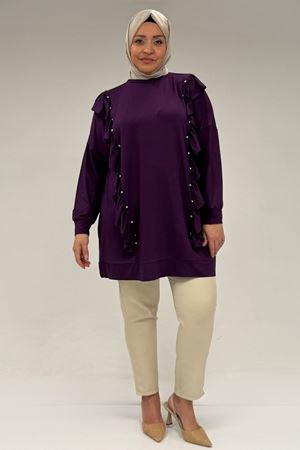 58074 Büyük Beden Fırfır Ve Taş Detaylı Penye Tunik - Mürdüm