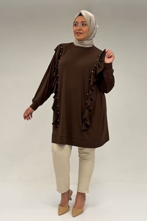 58074 Büyük Beden Fırfır Ve Taş Detaylı Penye Tunik - Kahve