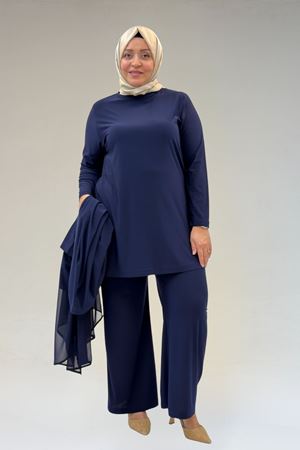 67302 Büyük Beden Üçlü Sandy - Şifon Pantolonlu Takım - Lacivert