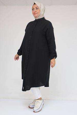 58092 Büyük Beden  Çift Düğme Detaylı Müslin Gömlek - Siyah