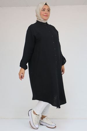 58092 Büyük Beden  Çift Düğme Detaylı Müslin Gömlek - Siyah