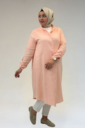 58092 Büyük Beden Çift Düğme Detaylı Müslin Gömlek - Toz Pembe
