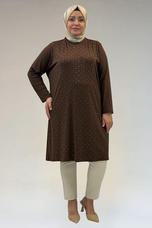 68001 Büyük Beden Önü Taş Baskı Detaylı Penye Tunik - Kahve