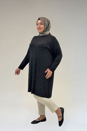 68001 Büyük Beden Önü Taş Baskı Detaylı Penye Tunik - Siyah