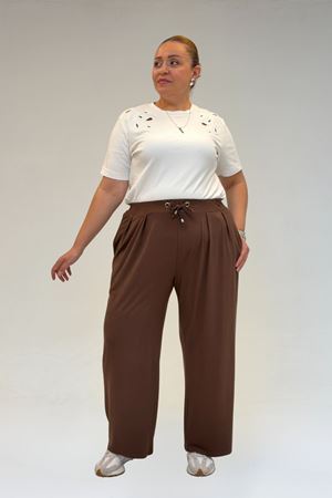 59002 Büyük Beden Pile Detaylı Penye Pantolon - Kahve
