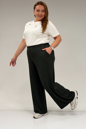 39000 Büyük Beden Yüksek Beli Lastikli Bol Paça Penye Pantolon - Haki